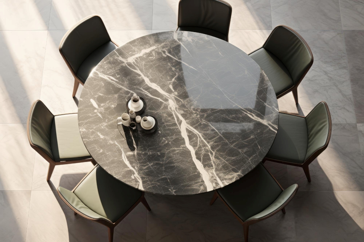 This grey marble is paired with greyish green dining chairs for a muted aesthetic